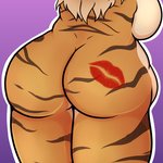 1:1 anthro belly breasts brown_hair brown_stripes butt butt_shot felid female fur glitchthegothkidd hair kiss_mark kissing lipstick_on_butt lisa_(tiger) low_res mammal multicolored_hair nude orange_body orange_fur overweight overweight_anthro overweight_female pantherine solo stripes tiger trans_(lore) trans_woman_(lore) two_tone_hair