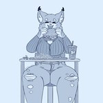 1:1 anthro big_breasts bottomwear breasts burger clothed clothing eating fatio_catio felid feline female food fully_clothed fur fur_tuft hi_res lynn_(fatio_catio) lynx mammal pants solo thick_thighs torn_bottomwear torn_clothing torn_pants tuft