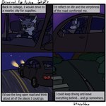 1:1 5_fingers anthro black_nose brown_eyes building canid canine car clothed clothing comic dipstick_ears driving ear_markings english_text fingers fox fur grey_body grey_fur hi_res hoodie inside_car inside_vehicle male mammal mountain multicolored_body multicolored_ears multicolored_fur night plant road seat seatbelt sitting solo star starrffax starrffax_(fox_sona) steering_wheel text tired topwear two_tone_body two_tone_fur vehicle