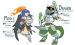 anthro armor bevor big_breasts black_body black_feathers black_hair blue_hair breastplate breasts brown_body brown_fur cleavage clothed clothing codpiece couter cuirass dragon dragon_tail drahor_(drahor) duo elemental_manipulation english_text equid equine faceplate feathers female fire fire_manipulation fur gauntlets gloves green_body green_scales hair handwear headgear helmet horse human hybrid jinti magic magic_user male mammal melee_weapon mythological_creature mythological_scalie mythology pauldron pink_eyes plackart poleyn sabatons scales scalie shield sword tail tassets text vambrace weapon wings