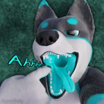 1:1 3d_(artwork) absurd_res anthro black_nose blue_eyes blue_mouth blue_tongue canid canine canis digital_media_(artwork) domestic_dog english_text fur gesture hand_gesture hi_res husky looking_at_viewer male mammal mouth_shot nordic_sled_dog onomatopoeia open_mouth pointing pointing_at_mouth pointing_at_self rogue621 roguehusky signature simple_background smile solo sound_effects spitz teeth text tongue tongue_out vore