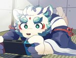 agyo_(tas) anthro asian_clothing asian_mythology blue_eyes clothing east_asian_clothing east_asian_mythology eyebrows foo_dog gaming japanese_clothing japanese_mythology komainu lifewonders male mammal mythology nintendo nintendo_switch playing_video_game slightly_chubby solo suna_sand1 thick_eyebrows tokyo_afterschool_summoners yokai young