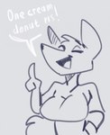 2022 anthro big_breasts breasts canid canine clothed clothing dialogue english_text female grey_background hi_res karakylia mammal open_mouth open_smile simple_background smile solo text