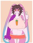 absurd_res anthro big_dildo bottomwear breasts clothed clothing crop_top dildo erect_nipples_under_clothes female gesture hand_gesture hi_res holding_dildo holding_object holding_sex_toy hotpants kondraalo lagomorph leporid mammal pink_body rabbit remmy_(remybunny) sex_toy shirt shorts skimpy solo topwear under_boob v_sign