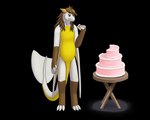 2024 2_horns 5:4 alpha_channel anthro bloated blush brown_body brown_eyes brown_fur brown_hair cake claws dessert digitigrade dragon female fin food food_on_hand full-length_portrait fur furniture furred_dragon furred_scalie hair hi_res holding_food holding_object horn membrane_(anatomy) membranous_wings mythological_creature mythological_scalie mythology portrait scalie shaded slice_of_cake slightly_chubby smile soft_shading solo stuffing table tail tail_fin white-dragon white_body white_claws white_fur wings yellow_body yellow_fur