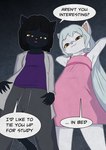 2023 absurd_res anthro bad_joke black_body black_fur bottomwear clothing coat dialogue digital_media_(artwork) dress duo elaie_(letrune) english_text felid female fur hi_res kawaoneechan lab_coat livra_(letrune) looking_at_viewer mammal pants shirt speech_bubble sweatpants talking_to_viewer text topwear white_body white_fur