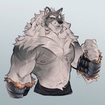 1:1 2024 anthro barazoku bearlyfeline big_muscles biped black_eyes canid canine canis fur grey_body grey_fur hi_res looking_at_viewer male mammal muscular muscular_anthro muscular_male shirtless_anthro shirtless_male solo white_body white_fur wolf yellow_sclera