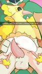 Rating: e
ID: 5603767
Date: 2025-05-28 03:47:30 -0400
Status: active
Score: 203
2025 animal_genitalia anthro balls beak black_sclera britney_(oricorio) butt caption cloaca decidueye duo electronics english_text eyelashes faceless_character faceless_male feet female flat_colors generation_7_pokemon genitals hand_on_butt happy hi_res imminent_sex looking_at_viewer louis_(decidueye) male male/female nintendo oricorio penis phone pink_penis pokemon pokemon_(species) pom-pom_oricorio presenting presenting_cloaca presenting_penis rozalid selfie size_difference standing_on_another story story_in_description taking_picture talons tapering_penis text toes white_butt yellow_body post #5603767
