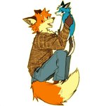 anthro blue_body blue_fur bottomwear canid canine clothed clothing denim denim_bottomwear denim_clothing dipstick_tail dot_eyes fox fully_clothed fur holding_another inner_ear_fluff jeans looking_at_another male mammal markings open_mouth orange_body orange_fur pants pattern_clothing pattern_shirt pattern_topwear plaid plaid_clothing plaid_shirt plaid_topwear serpent_x shirt simple_background sitting size_difference solo tail tail_markings topwear tuft white_background