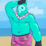 1:1 blue_body clothing epic_games fingerless_gloves fortnite gloves goo_creature goo_humanoid handwear hi_res humanoid lei liquid male male/male muscular navel nipples palister35 rippley_(fortnite) shirtless_male solo swimwear