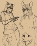 2024 american_opossum animal_face anthro biped bottomwear cellphone clothed clothing doodle_dip electronics eyewear female glasses guide_lines hair long_hair looking_at_viewer mammal marsupial monochrome open_mouth pants phone sepia shirt sketch smartphone solo tail topwear