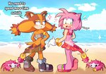 afrosoricid amy_rose anthro assisted_exposure badger beach butt clothing coppertone_pose dialogue duo embarrassed eulipotyphlan featureless_ass female female/female hedgehog hi_res mammal manysart1 midriff mustelid musteline pantsing proud sega sonic_boom sonic_the_hedgehog_(series) sticks_the_jungle_badger suntan tan_line thin_calves thin_legs thin_thighs wardrobe_malfunction