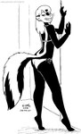 2018 anthro bikini black_and_white breasts butt clothed clothing ear_piercing ear_ring female fur grin hair kelly_o'dor looking_back mammal mephitid monochrome piercing pinup pose ring_piercing skunk smile solo striped_skunk swimwear tail tegerio two-piece_swimsuit zandar's_saga