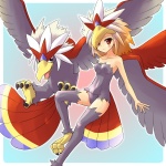 1:1 alternate_species animal_humanoid avian avian_humanoid beak bird blonde_hair braviary clothing cosplay costume duo feathered_wings feathers female feral generation_5_pokemon hair humanoid humanoidized nintendo pokemon pokemon_(species) pokemon_costume pokemon_humanoid pokemorph ranphafranboise red_eyes wings