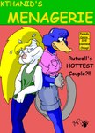 anthro blonde_hair blue_body blue_fur bodily_fluids bottomwear clothing comic cover cover_art cover_page duo female fluffy fluffy_tail flying_sweatdrops fur hair kthanid_(artist) male mammal martin_mink midriff mink monica_(rutwell) monotreme mustelid musteline nipple_outline platypus platypus_tail rutwell_forest shirt shorts sweat sweatdrop tail tank_top topwear true_musteline white_body white_fur