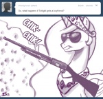 2011 crown english_text equid equine eyewear feathered_wings feathers female feral friendship_is_magic glasses gun hasbro headgear horn john_joseco mammal my_little_pony mythological_creature mythological_equine mythology princess_celestia_(mlp) ranged_weapon shotgun solo sunglasses text tumblr weapon winged_unicorn wings