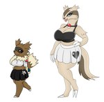 anthro big_breasts blue_eyes bottomwear breasts brown_body brown_eyes claws clothing collar duo female generation_3_pokemon heart_symbol hi_res linoone nintendo pokeball pokemon pokemon_(species) shirt simple_background skirt standard_pokeball star tail tongue tongue_out topwear urusee584 white_background zigzagoon