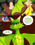 absurd_res anthro anthro_on_feral banjo-kazooie banjo_(banjo-kazooie) bear bed bestiality comic dialogue dragon dragon_kazooie duo english_text female feral furniture green_body green_scales green_text hi_res kazooie male male/female mammal membrane_(anatomy) membranous_wings mythological_creature mythological_scalie mythology pinned_to_bed rareware scales scalie skelly_doll speech_bubble text wings