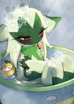 2022 absurd_res anthro bath bathing bathtub blush bubble claws dated detailed_background dripping female female_anthro floragato fur generation_1_pokemon generation_3_pokemon generation_9_pokemon green_body green_fur half-closed_eyes hi_res inside lotad multicolored_body multicolored_fur narrowed_eyes nintendo partially_submerged pokemon pokemon_(species) psyduck pupils red_eyes rubber_duck shadow signature sitting slit_pupils solo steam three-quarter_view two_tone_body two_tone_fur water wet wet_body wet_fur yuio