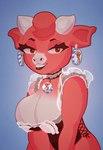 absurd_res anthro bel_group big_breasts black_lips bovid bovine brand_parody breasts cattle cheese choker cleavage clothed clothing dairy_products digital_media_(artwork) ear_piercing ear_ring eyelashes female food fur head_tuft hi_res horn huge_breasts jewelry lips looking_at_viewer maid_uniform mammal meme necklace piercing red_body red_fur ribbons ring_piercing seductive selfdestructking simple_background smile solo the_laughing_cow translucent translucent_clothing tuft uniform white_nose