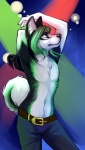 anthro belt black_body black_fur black_nose bottomwear canid canine canis clothed clothing demicoeur digital_media_(artwork) eyes_closed featureless_chest fur green_body green_fur green_hair green_markings hair james_(confrontedwolf) long_hair male mammal markings navel pants rave solo tail topless white_body white_fur wolf