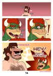 2024 absurd_res anthro blush bodily_fluids body_hair bowser chest_hair colored comic cross-popping_vein cum cum_on_body cum_on_face dialogue dot_eyes dropsofmoonlight duo english_text eyes_closed facial_hair genital_fluids goatee hi_res human koopa laugh male male/male mammal mario mario_bros multicolored_body mustache nintendo nude onomatopoeia open_mouth page_number red_eyes scalie sound_effects sweat tan_body tan_skin text two_tone_body