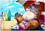 absurd_res anthro areola beach beach_chair beach_towel beach_umbrella belly belly_overhang beverage_can biceps big_areola big_belly big_nipples big_pecs blue_hair blue_sky brown_eyes canid canine chair chest_tuft clothing cloud cobaltgrande cooler ear_piercing ear_ring english_text eyewear eyewear_on_head feet felid flabby footwear fox fur furniture grin grinning_at_viewer hair hands_behind_head hi_res highlights_(coloring) hybrid hyena ice inflatable inner_tube lgbt_pride long_hair looking_at_viewer love_handles male mammal markings multicolored_body multicolored_fur multicolored_hair navel nipples obese obese_anthro obese_male on_chair orange_body orange_fur outside overweight overweight_anthro overweight_male pantherine parasol pawpads paws pecs piercing pink_nipples pink_pawpads pride_colors purple_clothing purple_speedo purple_swimwear rainbow_piercings rainbow_pride_colors ring_piercing sand sandals sea seaside shoes sitting sky smile snaggle_tooth soles solo speedo spots spotted_face spotted_hyena spotted_markings spotted_tail stare striped_body striped_fur stripes summer sunglasses sunglasses_on_head surfboard swimwear tail tail_markings tan_body tan_fur text thirsty_(thirstydraws) tiger towel tuft two_tone_body two_tone_fur under_umbrella water wave