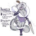 2021 anthro aroriella big_breasts breasts claws english_text felid female fur_collar gameplay_mechanics grey_hair hair humanoid jewelry jinti long_tail mammal melee_weapon muscular muscular_female muscular_thighs necklace pantherine polearm red_eyes snow_leopard solo spear tail text weapon