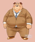 2024 anthro belly big_belly blush bottomwear canid canine canis clothing domestic_dog kemono male mammal necktie overweight overweight_male pants shirt simple_background solo topwear toshi_(artist)