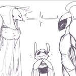 1:1 ambiguous_gender angry animal_humanoid antennae_(anatomy) anthro arthropod arthropod_humanoid bee bodily_fluids clothed clothing emanata english_description fan_character glare glaring glaring_at_another group hate hollow_knight hooded_cloak humanoid hymenopteran insect insect_humanoid lycheespot mask monochrome nervous no_pupils raised_arms simple_background size_difference stand_off sweat sweatdrop team_cherry trio white_background wings