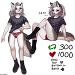 1:1 2023 anthro canid canid_demon canine clothed clothing clothing_lift demon dialogue digital_media_(artwork) digital_painting_(artwork) english_text female hellhound helluva_boss hi_res lace lace_panties lingerie looking_at_viewer loona_(helluva_boss) mammal multiple_poses mythological_canine mythological_creature mythology pantsless pose ratatooey shaded shirt shirt_lift signature simple_background smile solo strip_game strip_meme t-shirt text topwear underwear white_background