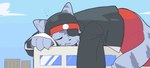 anthro bemani clothed clothing eye_patch eyewear felid kagetora_(pop'n_music) konami macro male mammal pantherine pop'n_music shinogiu sleeping solo tiger train vehicle