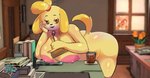 accessory ambysweetdragon animal_crossing anthro beverage big_breasts big_butt book breast_rest breasts brown_eyes butt canid canine canis desk domestic_dog electronics exposed_breasts female floppy_ears fur furniture hair hair_accessory hair_tie hi_res huge_breasts huge_butt huge_thighs isabelle_(animal_crossing) leaning leaning_on_furniture mammal microphone nintendo nipples nude office open_mouth seductive shih_tzu solo table tail thick_thighs toy_dog window yellow_body yellow_fur