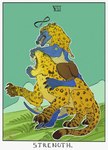 anthro blue_body blue_scales broghild_(homm) card card_template claws fangs felid feline feral fight fortune_telling full-length_portrait fur hands_in_mouth heroes_of_might_and_magic_3 hi_res infinity_symbol leopard lizard major_arcana male mammal outline pantherine ponynok portrait reptile sabertooth_(anatomy) scales scalie strength_(tarot) symbol tail tarot tarot_card teeth text yellow_body yellow_fur