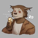 1:1 2024 anthro binturong biped black_eyes brown_body brown_clothing brown_fur brown_jacket brown_topwear clothing countershade_fur countershading dessert eating_ice_cream fioobsie food fur ganii_(character) hi_res ice_cream jacket looking_at_viewer male mammal red_sclera shirt solo topwear viverrid white_body white_clothing white_countershading white_shirt white_topwear