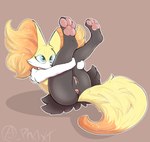 anthro anus black_body black_fur blue_eyes braixen female fur generation_6_pokemon genitals hi_res legs_up lying nintendo on_back pawpads paws phoxtrot pink_pawpads pokemon pokemon_(species) presenting pussy shaded solo white_body white_fur yellow_body yellow_fur