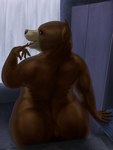 3:4 anthro bear big_butt brown_body brown_fur butt chubby_cheeks female fur hi_res looking_at_viewer looking_back looking_pleasured mammal meanybeany open_mouth pinup playful pose rear_view slightly_chubby slightly_chubby_anthro slightly_chubby_female smile smiling_at_viewer solo thick_thighs ursine wide_hips