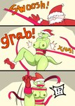 absurd_res anthro areola bdsm bindings bluebirdoasis bondage bound breasts captured christmas comic duo embarrassed female genitals hi_res holidays lizard male male/female mostly_nude nipples nude public public_nudity pussy reptile santa_claus scalie surprised_look veronica_(bluebirdoasis)