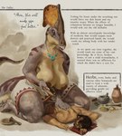 anthro beak big_breasts breasts claws clothed clothing digital_media_(artwork) dinosaur duo english_text female hadrosaurid hi_res human jewelry journal_entry male mammal mortar_and_pestle necklace nipple_caps ornithischian ornithopod parasaurolophus prehistoric_species reptile salve scalie tail text thick_thighs upai