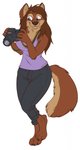 2020 4_toes 5_fingers anthro barefoot camera canid canine canis clothed clothing digital_media_(artwork) digitigrade feet female fingers hi_res mammal mlice purple_eyes simple_background smile solo tess_(wolfyne) toes white_background wolf