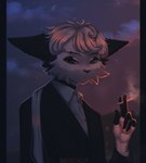 anthro cigarette cigarette_holder cigarette_smoke clothing digital_media_(artwork) felid feline fur hair half-length_portrait hi_res looking_at_viewer male mammal max_fresnel maxfresnel moon night piercing portrait sky smoke smoking solo star