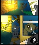 absurd_res alexboom11 alexboom_(artist) anthro awoo comic domestic_cat felid feline felis hi_res interrogation male mammal solo sound_effects surprise undead zombie