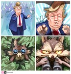 annoyed anthro binoculars blonde_hair blue_eyes bodily_fluids bottomwear brown_body brown_fur canid canine canis clothing comic coyote crowd dancing discovered donald_trump frown fur gesture gprime85 grass group hair hand_gesture happy hi_res hiding human humor lol_comments looney_tunes male mammal necktie overweight overweight_male pants plant pointing politics shirt shrub smile smirk spying standing suit sweat topwear warner_brothers white_body wile_e._coyote yellow_eyes