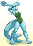 2019 after_transformation animate_inanimate anthro big_hands blue_body breasts clothing digital_media_(artwork) digitigrade ear_piercing ear_tag eeveelution eyes_closed female generation_1_pokemon handle hi_res huge_hands inflatable living_inflatable nintendo nozzle one-piece_swimsuit oter pawpads piercing pokemon pokemon_(species) simple_background smile solo standing stretching swimwear vaporeon