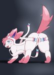 absurd_res anus blush bodily_fluids butt canid eeveelution female feral fur generation_6_pokemon genitals hair hi_res mammal nintendo pink_body pink_fur pink_hair pokemon pokemon_(species) presenting presenting_pussy pussy roses04 simple_background solo sweat sylveon tail tail_motion tongue tongue_out white_body