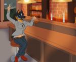 alcohol anthro bar beverage blue_eyes breast_growth breasts canid canine clothed clothing detailed_background female fox gender_transformation growth inside mammal mtf_transformation potion recurrent solo tail tail_growth tail_growth_in_pants transformation transformation_potion