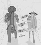 Rating: q
ID: 5577345
Date: 2025-05-16 19:46:49 -0400
Status: active
Score: 15
2025 absurd_res annoyed anthro asian_clothing backpack bodily_fluids body_hair canid canine clothed clothing countershading cutaway dialogue duo ears_back east_asian_clothing ellipsis english_text expression_cutaway eyes_closed flirting footwear fox fundoshi greyscale happy_trail hat headgear headwear hi_res holding_object japanese_clothing kasa_(hat) leg_markings male mammal markings monochrome navel open_clothing open_shirt open_topwear outside partially_clothed pivoted_ears raccoon_dog sandals servali_sketch sharp_teeth shirt shoes socks_(marking) speech_bubble standing striped_markings striped_tail stripes sweat sweatdrop tail tail_markings tanuki teeth text tired tongue tongue_out topwear underwear whiskers post #5577345