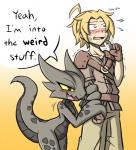 anthro blonde_hair blush bodily_fluids clothed clothing coal_(rakkuguy) dialogue duo english_text featureless_chest female flying_sweatdrops gradient_background hair hand_holding human humor kobold male mammal open_mouth rakkuguy reverse_furry scalie simple_background smile speech_bubble sweat sweatdrop text yellow_eyes