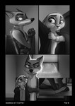 2021 ambiguous_gender anthro arm_tuft barefoot biped black_border border buckteeth canid canine cheek_tuft chest_tuft clothed clothing comic disney duo elbow_tuft english_text facial_tuft feet female fox foxxj gloves_(marking) greyscale gun handgun hi_res holster inside judy_hopps lagomorph leporid male mammal markings monochrome nick_wilde pistol rabbit ranged_weapon red_fox shoulder_tuft teeth text topless true_fox tuft weapon zootopia