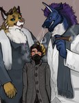 anthro barazoku black_sclera blue_body blue_fur blush cigar clothed clothing coat dragon ear_piercing faceless_character faceless_male facial_piercing fangs felid feline felkin fur furred_dragon furred_scalie group hair headpat hi_res human hybrid lynx male mammal mask muscular muscular_anthro muscular_male mythological_creature mythological_scalie mythology nose_piercing nose_ring open_mouth piercing prehistoric_species ring_piercing saber-toothed_tiger sabertooth_(anatomy) scalie size_difference smile smoke smoke_from_nose smoke_in_face smoking smoking_cigar teeth topwear torakuta vladislav_(lynxoid) white_body white_fur yellow_body yellow_fur